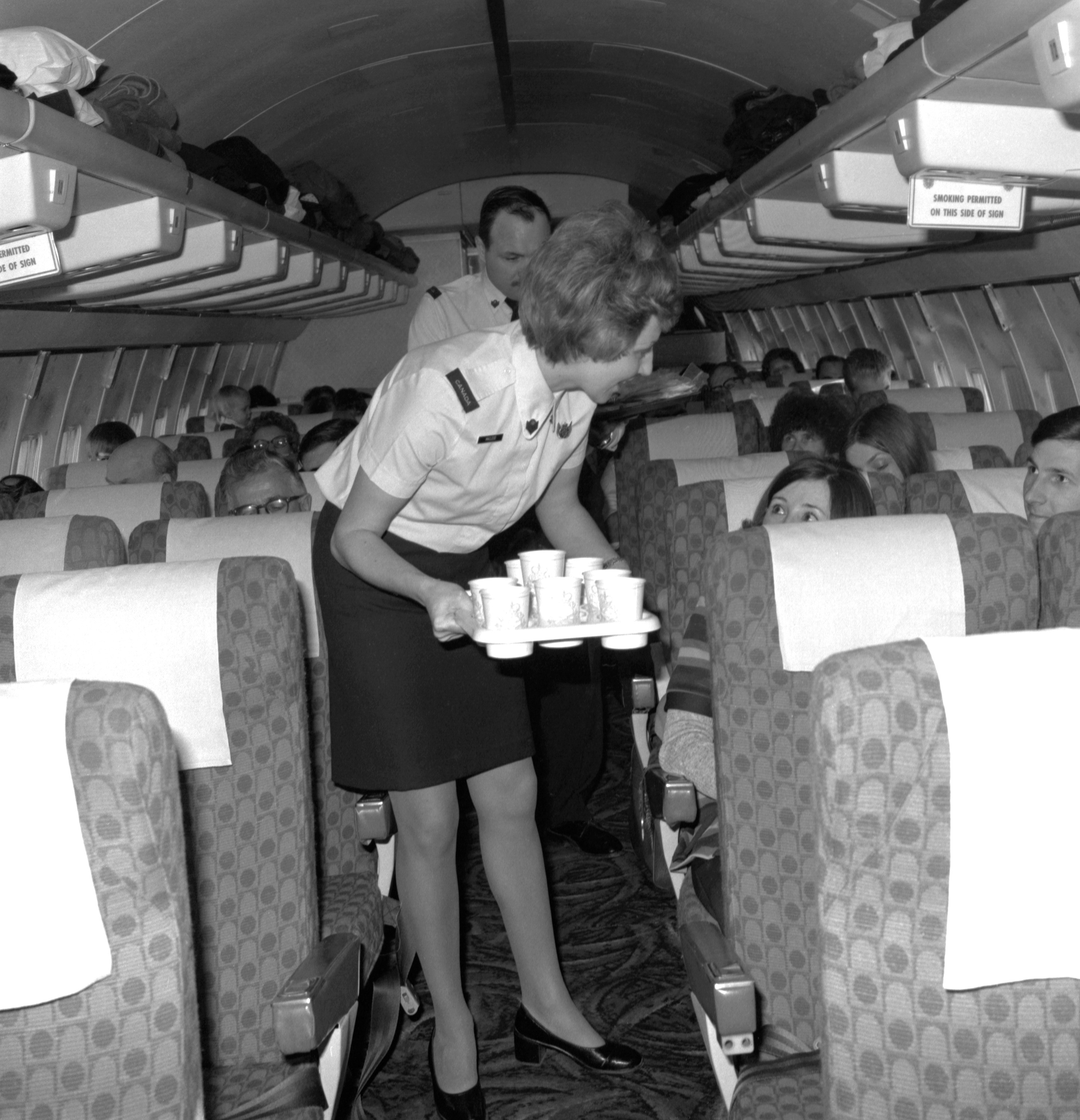 Aboard a Canadian Armed Forces Boeing 707 (CC-137)... we flew on these anywhere in Canada for $5, and between Canada & Europe for $7, the fees to pay for the meals (box lunches) provided to us.